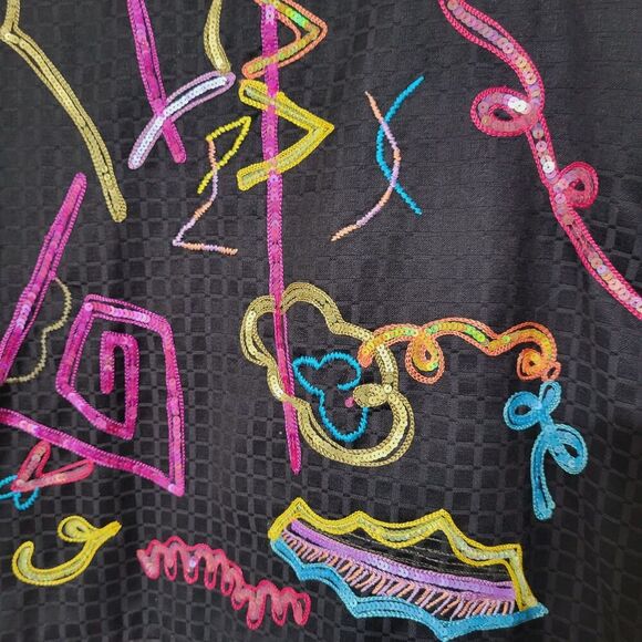 Black Jacket Bright Floral Accents Glass Buttons M Sequined Embroidered Alex Kim - Picture 7 of 11